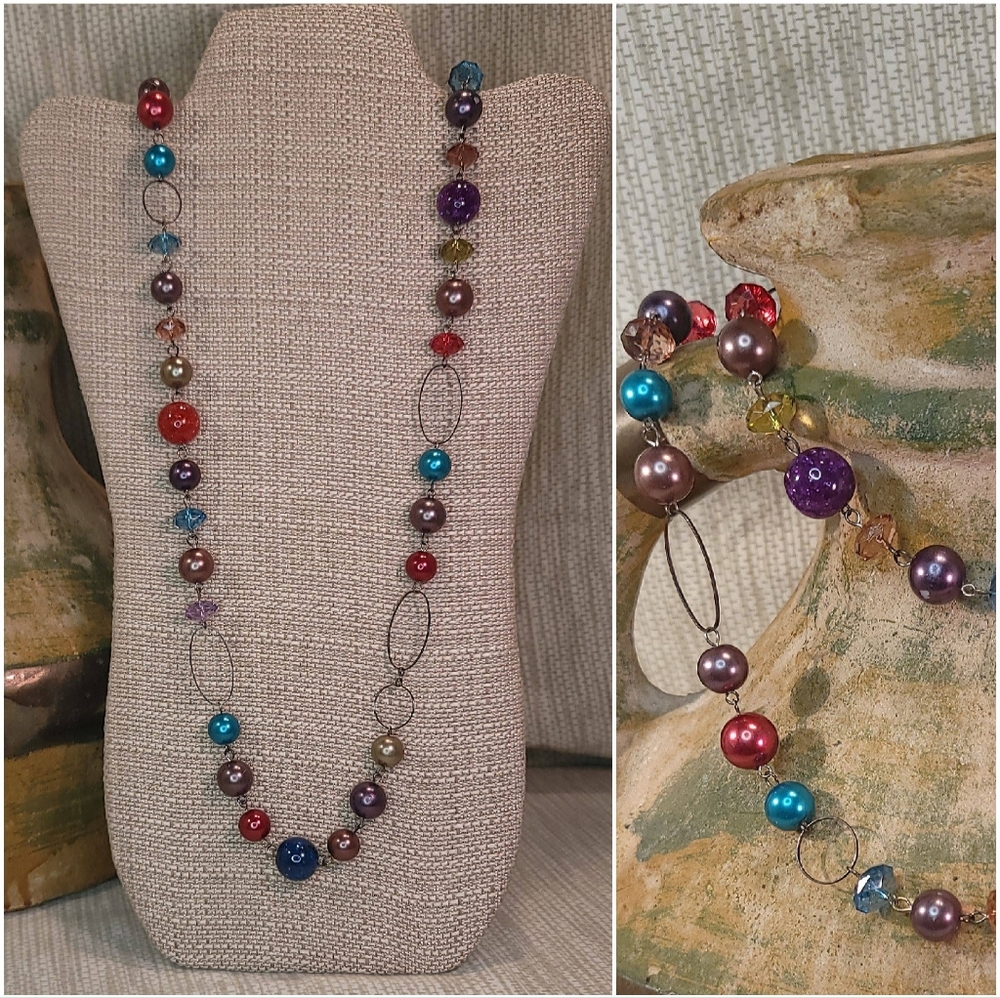 Multi colored beaded single strand long necklace